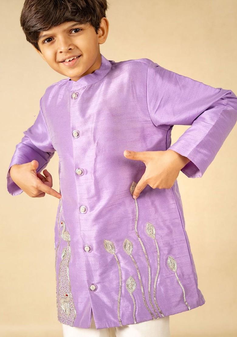 Purple Embroidered Blended Kurta Set For Boys - Indya