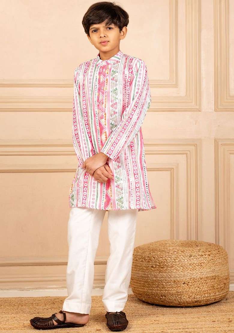 Pink Printed Blended Kurta Set For Boys - Indya