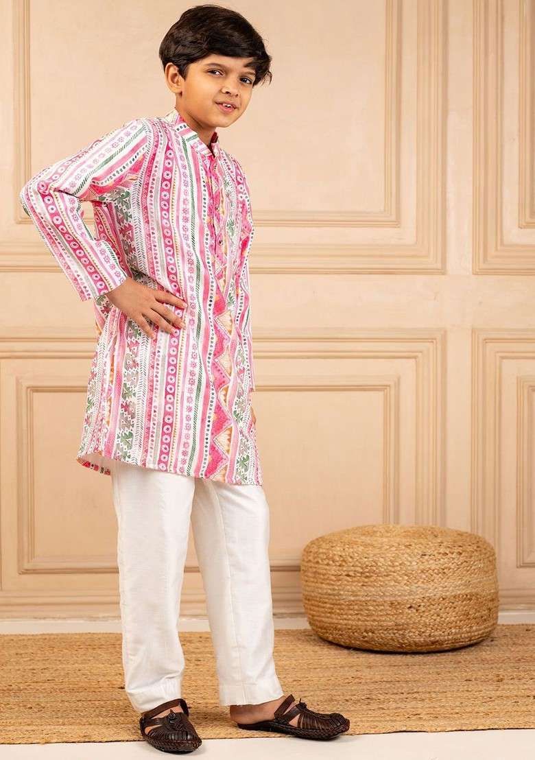 Pink Printed Blended Kurta Set For Boys - Indya