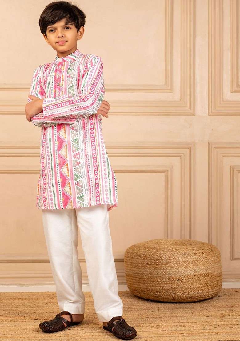 Pink Printed Blended Kurta Set For Boys - Indya