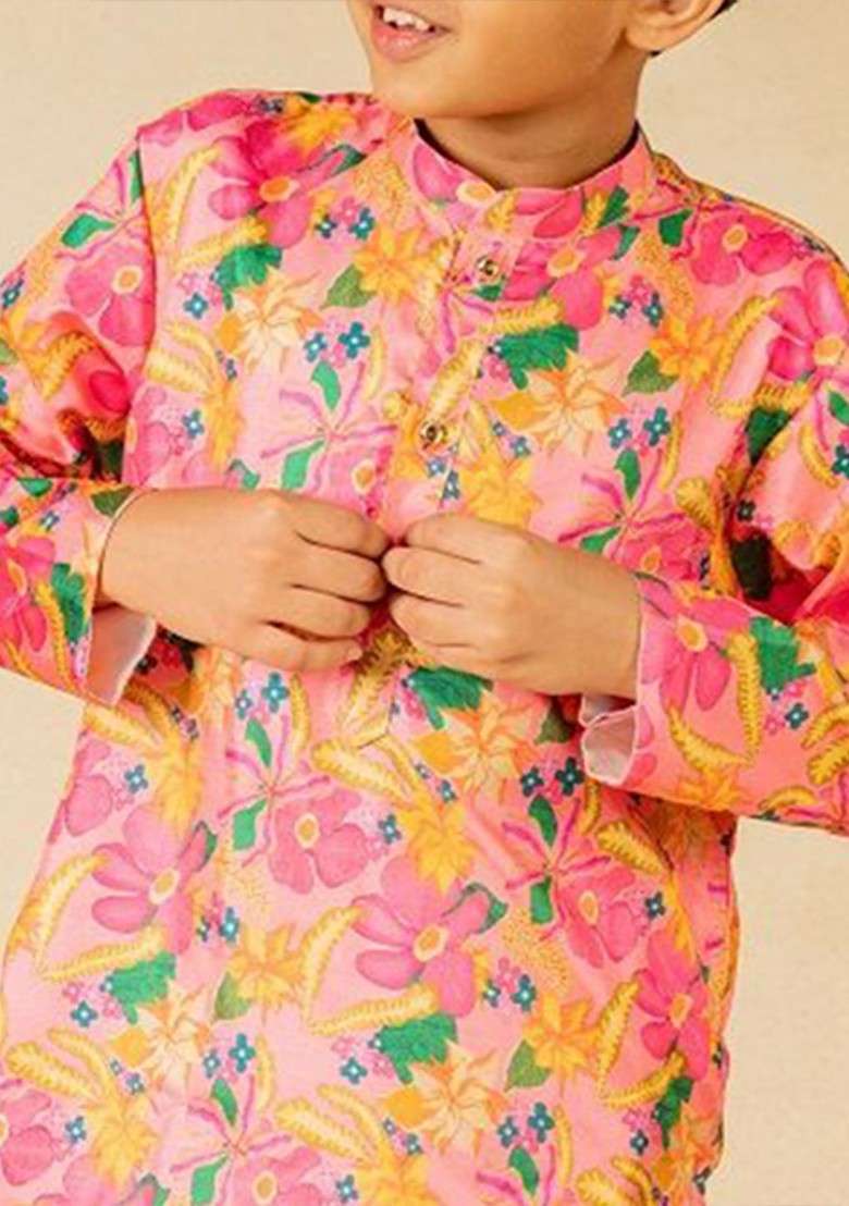 Pink Printed Blended Kurta Set For Boys - Indya