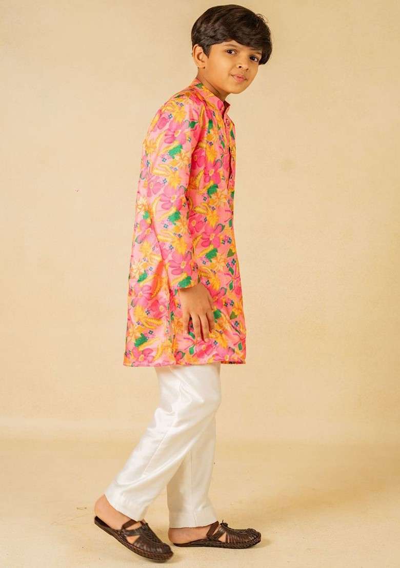 Pink Printed Blended Kurta Set For Boys - Indya