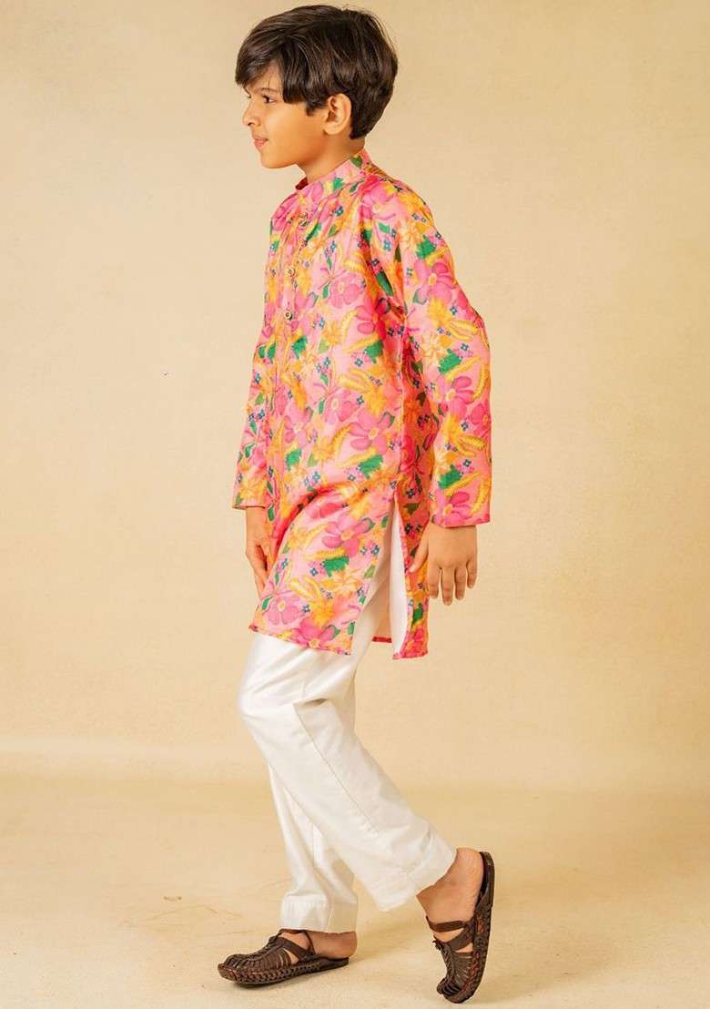 Pink Printed Blended Kurta Set For Boys - Indya