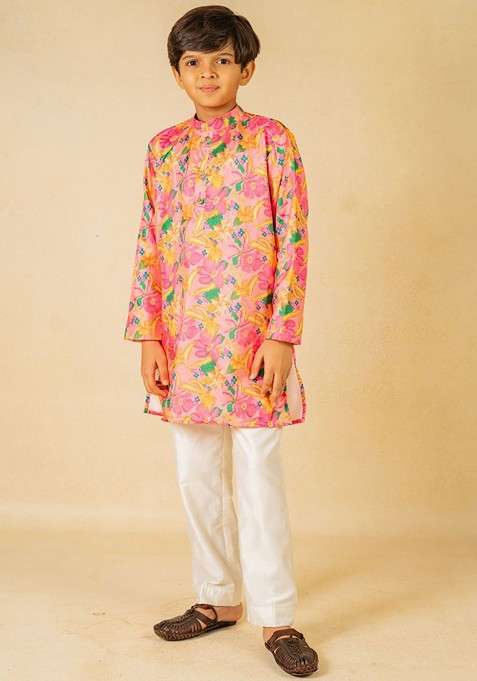 Pink Printed Blended Kurta Set For Boys
