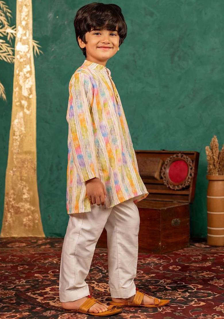 Yellow Printed Blended Kurta Set For Boys - Indya