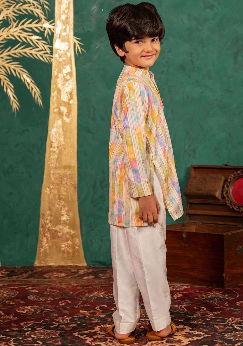 Yellow Printed Blended Kurta Set For Boys - Indya