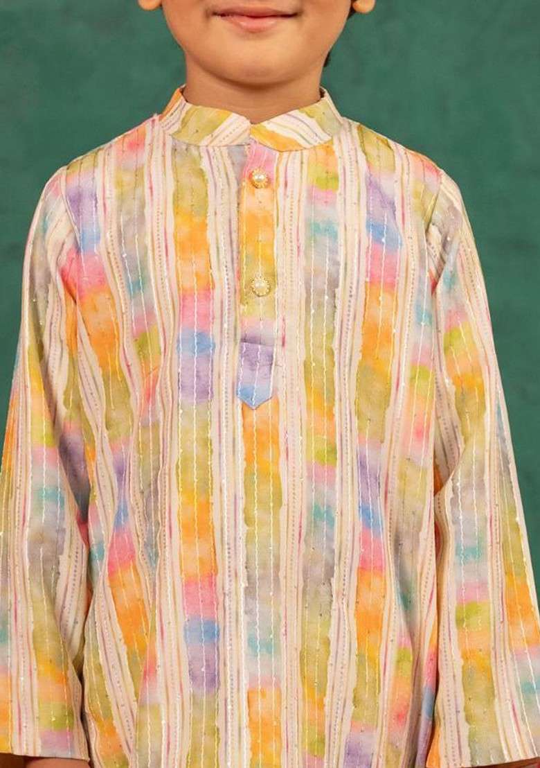 Yellow Printed Blended Kurta Set For Boys - Indya
