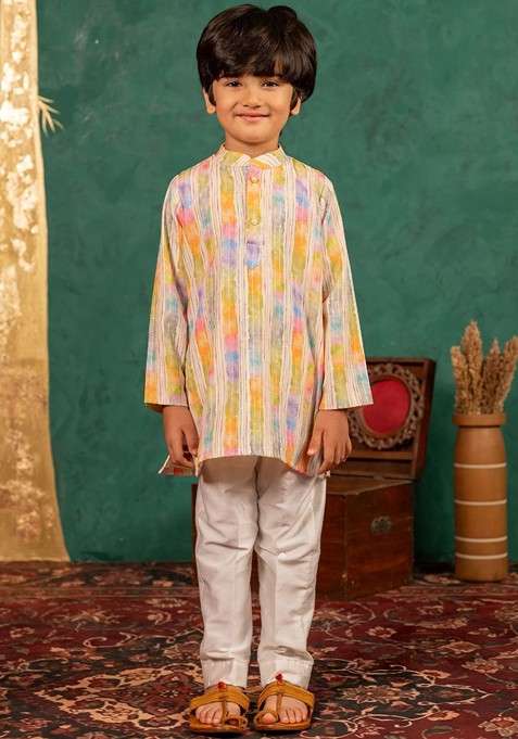 Yellow Printed Blended Kurta Set For Boys