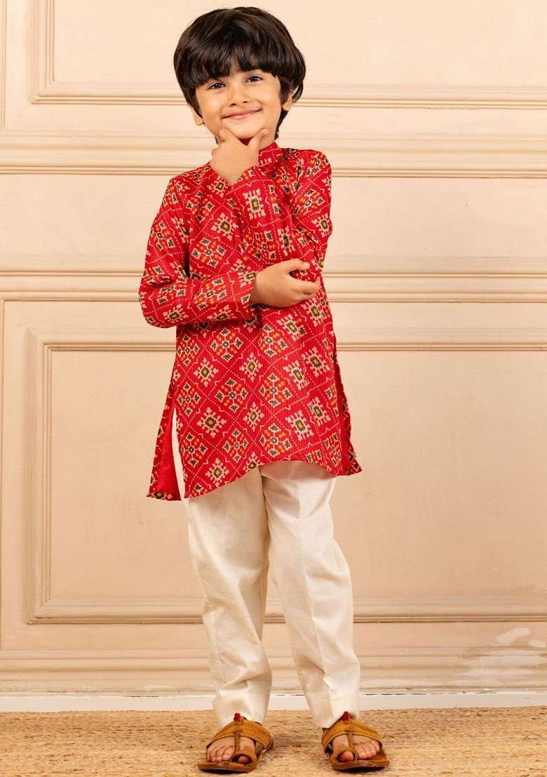 Red Printed Blended Kurta Set For Boys - Indya