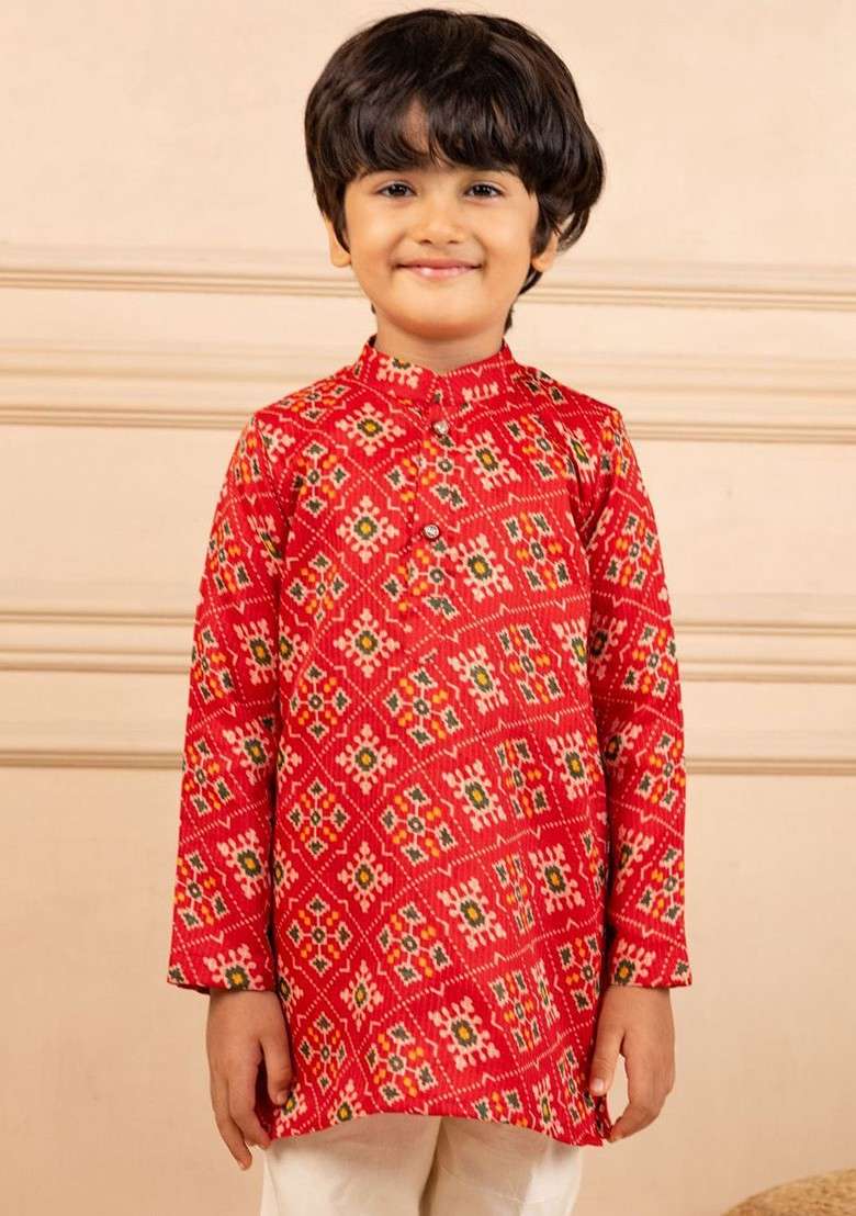 Red Printed Blended Kurta Set For Boys - Indya
