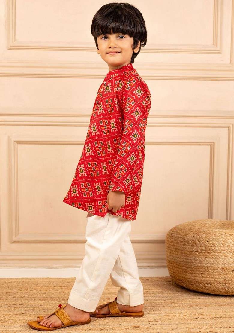 Red Printed Blended Kurta Set For Boys - Indya