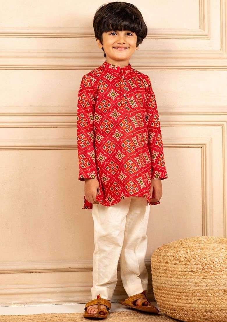 Red Printed Blended Kurta Set For Boys - Indya