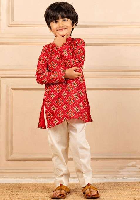 Red Printed Blended Kurta Set For Boys