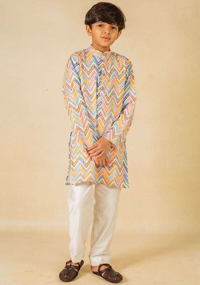 White Printed Blended Kurta Set For Boys - Indya