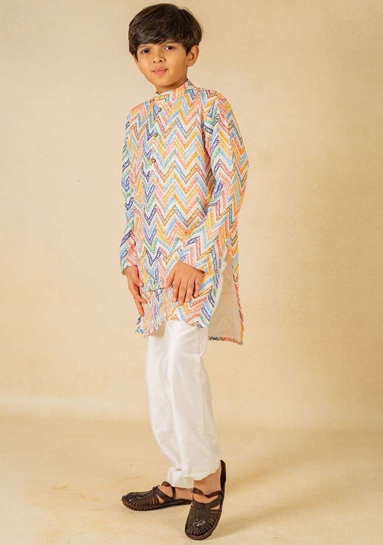 White Printed Blended Kurta Set For Boys - Indya