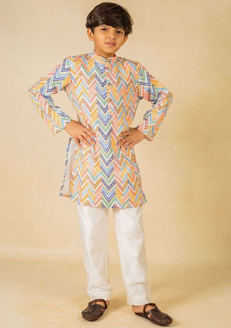 White Printed Blended Kurta Set For Boys - Indya