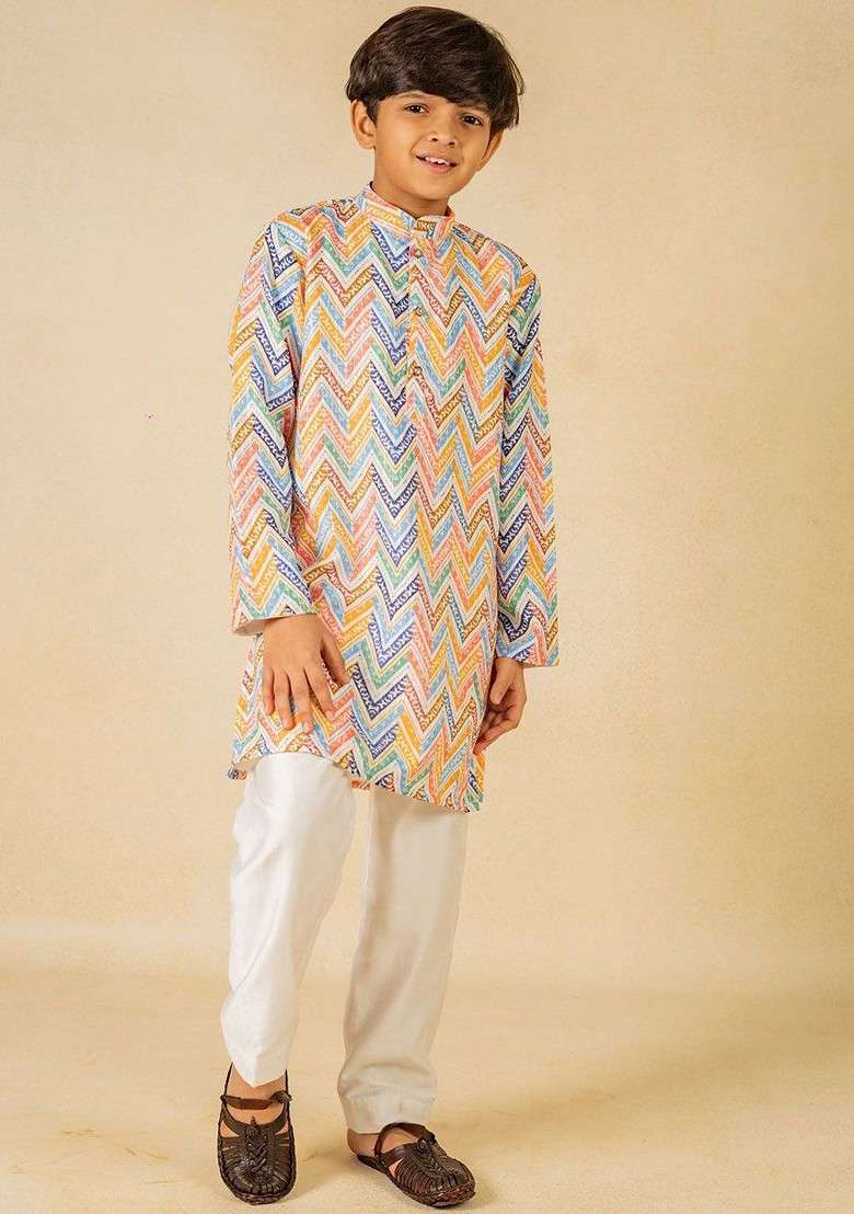 White Printed Blended Kurta Set For Boys - Indya