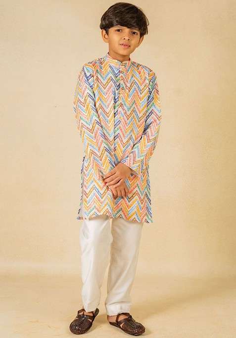 White Printed Blended Kurta Set For Boys