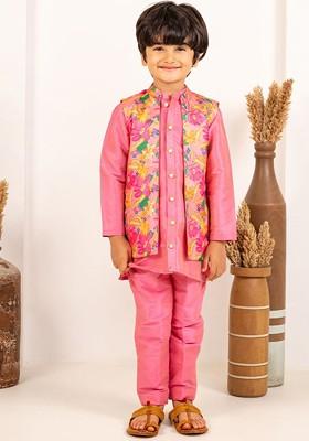 Pink Embroidered Blended Kurta Set For Boys