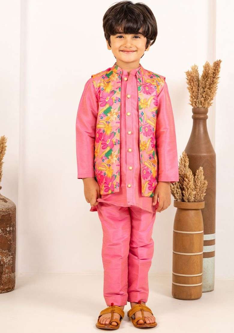 Pink Embroidered Blended Kurta Set For Boys - Indya