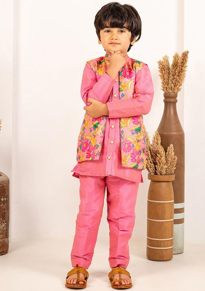 Pink Embroidered Blended Kurta Set For Boys - Indya