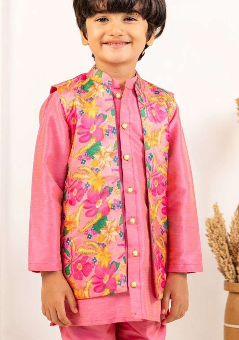 Pink Embroidered Blended Kurta Set For Boys - Indya