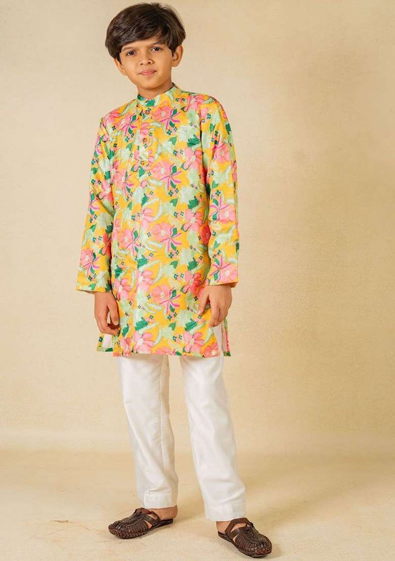 Yellow Printed Blended Kurta Set For Boys - Indya