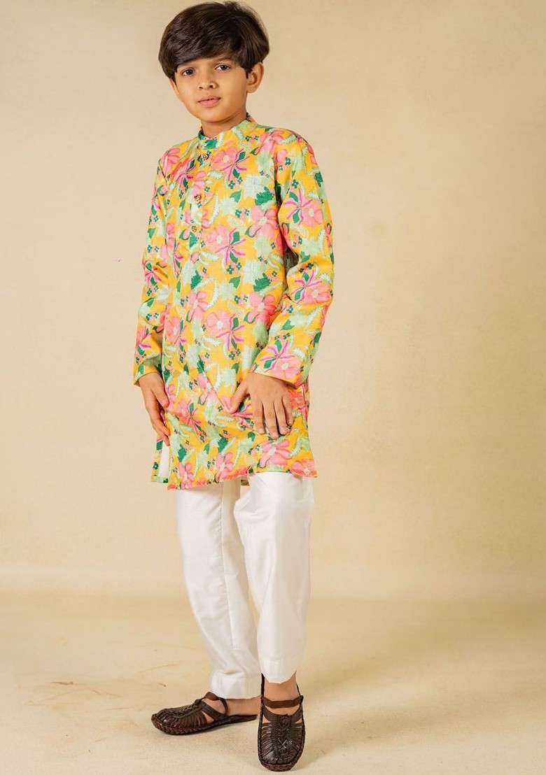 Yellow Printed Blended Kurta Set For Boys - Indya
