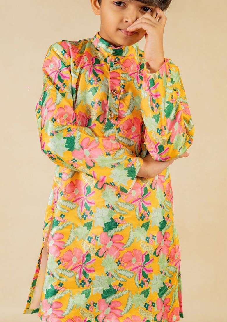 Yellow Printed Blended Kurta Set For Boys - Indya
