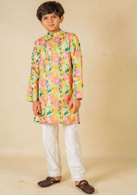 Yellow Printed Blended Kurta Set For Boys