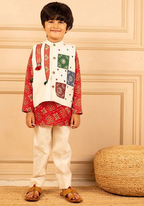 White Printed Blended Nehru Jacket Set For Boys