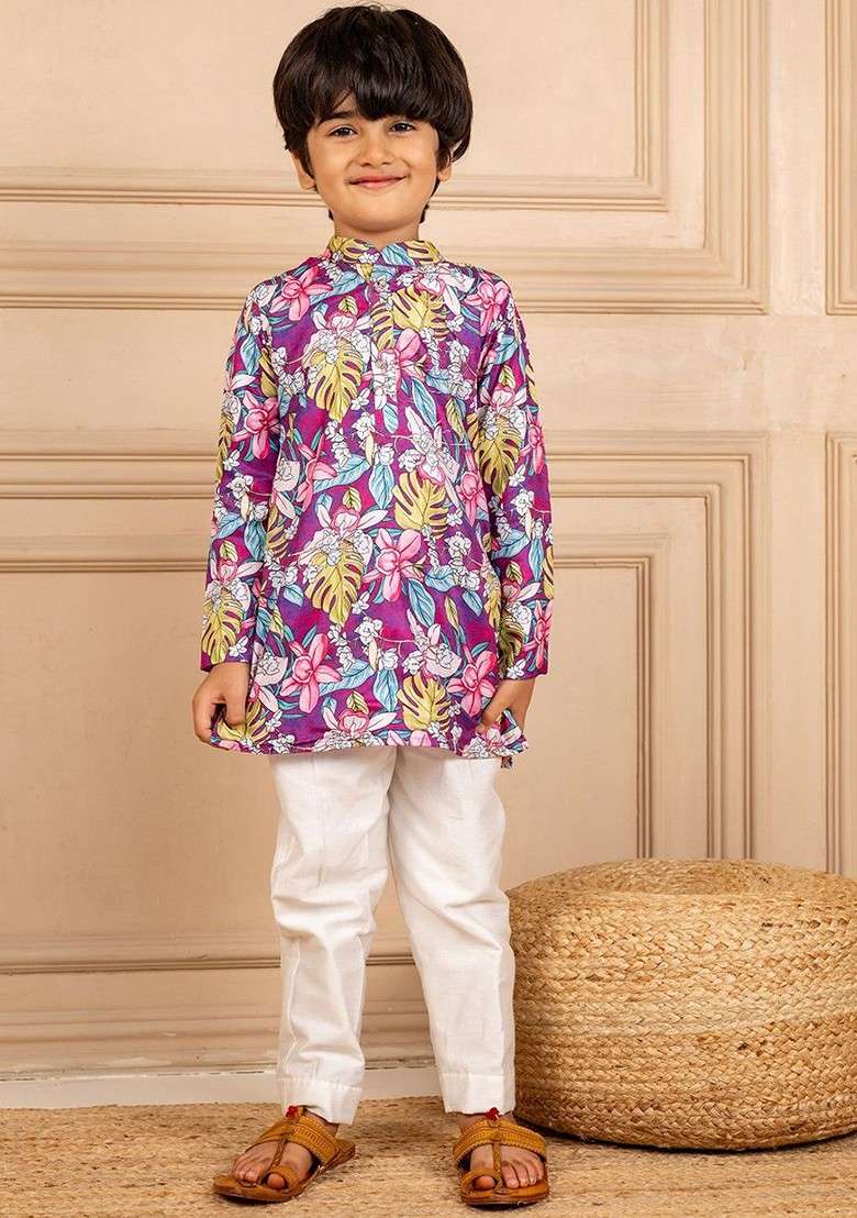 Purple Printed Blended Kurta Set For Boys - Indya