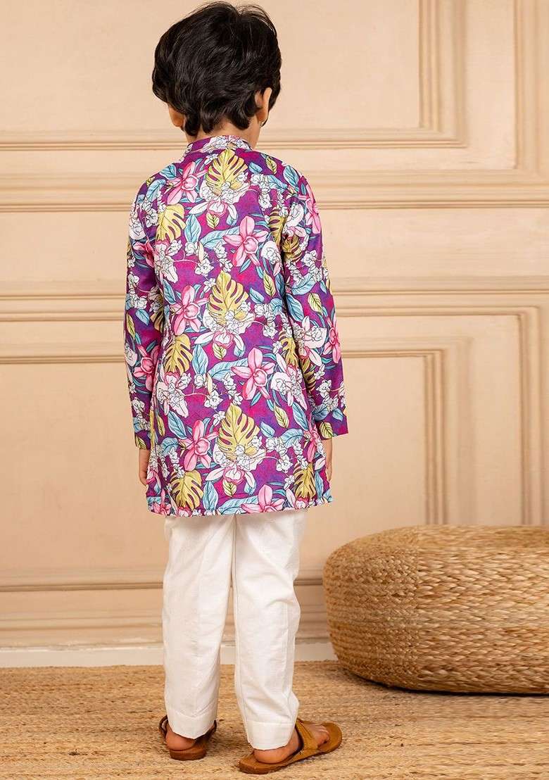 Purple Printed Blended Kurta Set For Boys - Indya