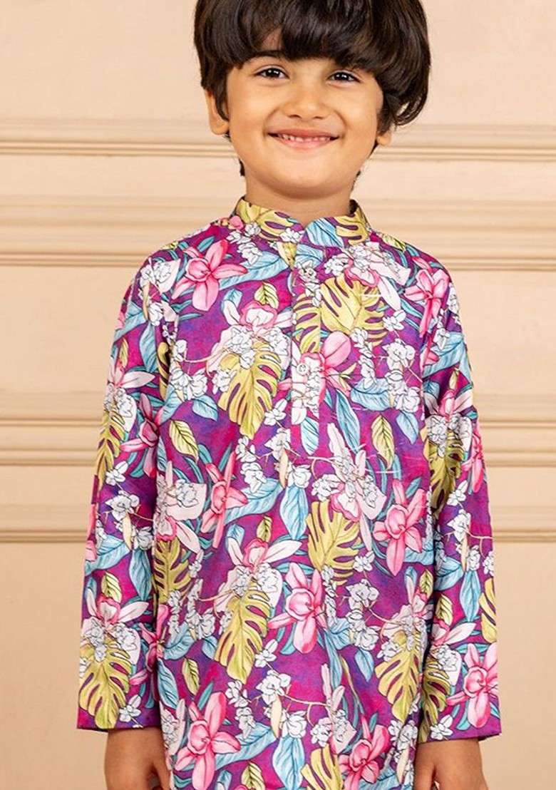 Purple Printed Blended Kurta Set For Boys - Indya