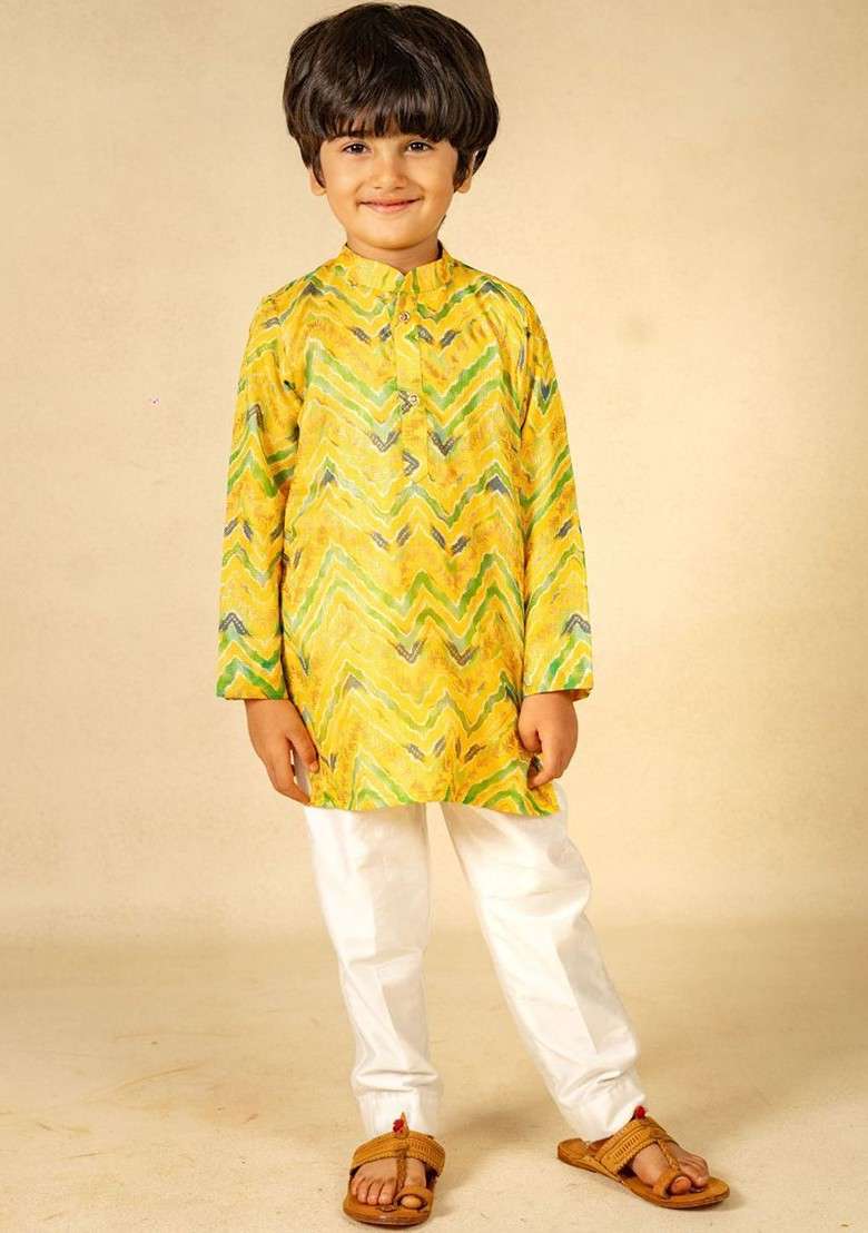 Yellow Printed Blended Kurta Set For Boys - Indya