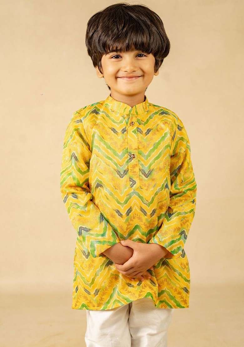 Yellow Printed Blended Kurta Set For Boys - Indya