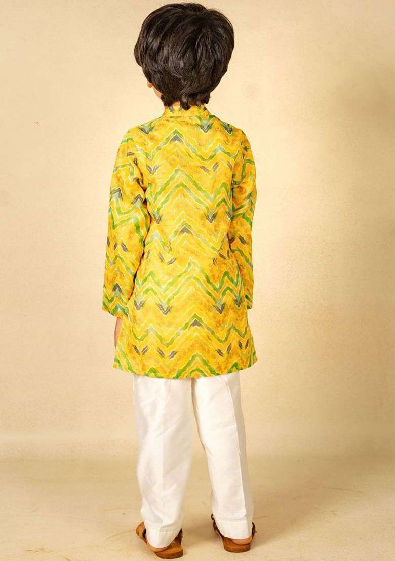 Yellow Printed Blended Kurta Set For Boys - Indya