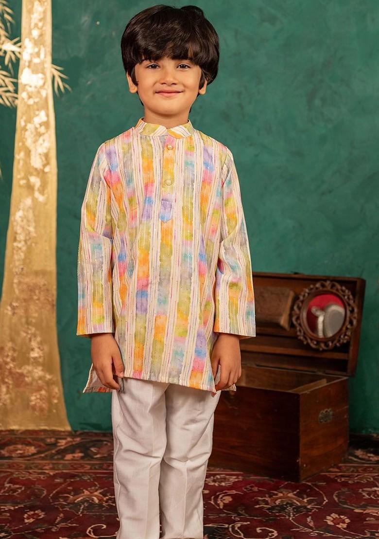 White Striped Blended Kurta Set For Boys - Indya
