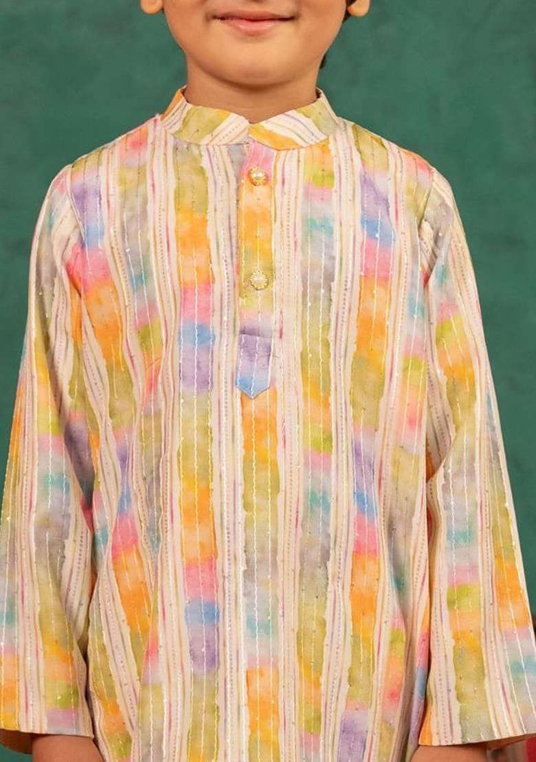 White Striped Blended Kurta Set For Boys - Indya
