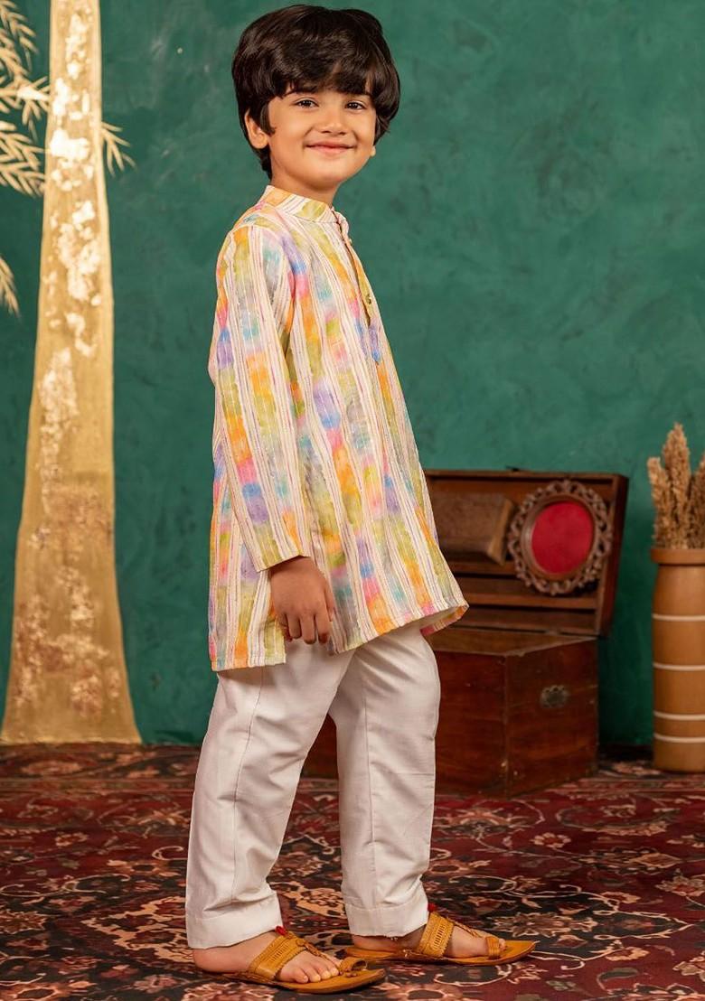 White Striped Blended Kurta Set For Boys - Indya