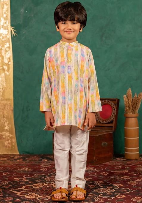 White Striped Blended Kurta Set For Boys — view on Indya