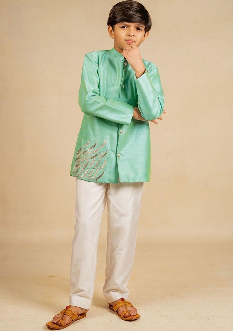 Green Embroidered Blended Kurta Set For Boys - Indya