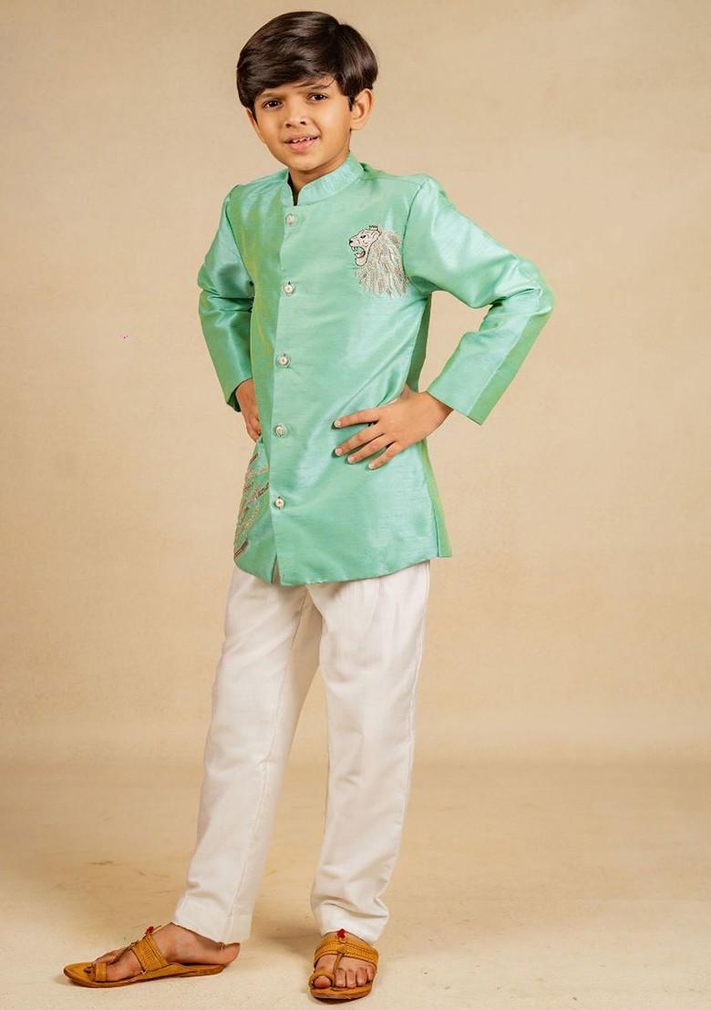 Green Embroidered Blended Kurta Set For Boys - Indya