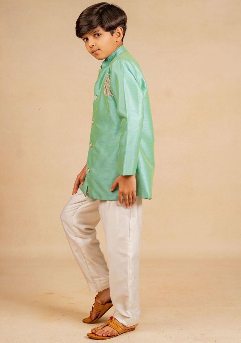 Green Embroidered Blended Kurta Set For Boys - Indya