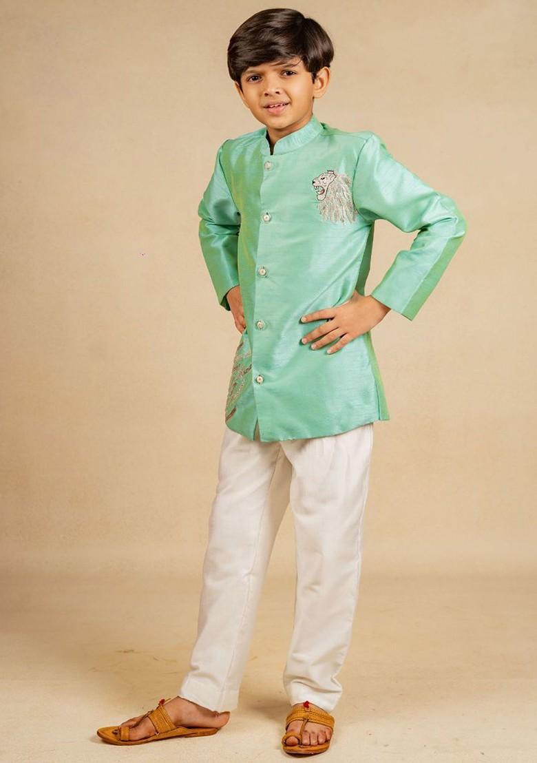 Green Embroidered Blended Kurta Set For Boys - Indya