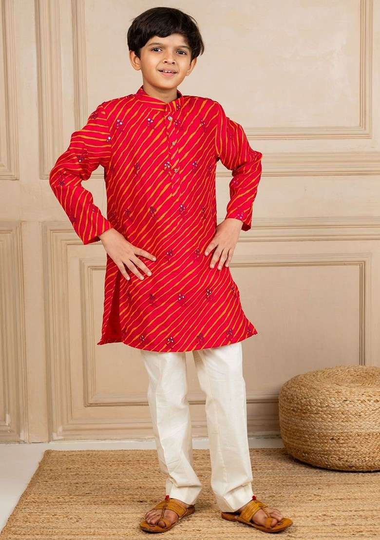 Red Printed Blended Kurta Set For Boys - Indya