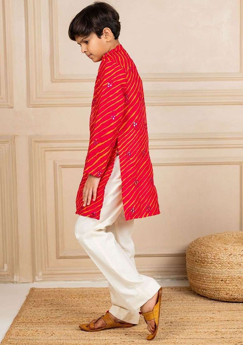 Red Printed Blended Kurta Set For Boys - Indya