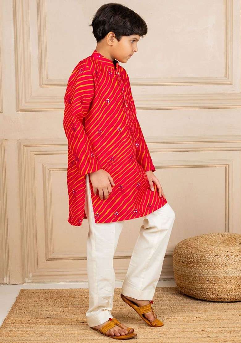 Red Printed Blended Kurta Set For Boys - Indya