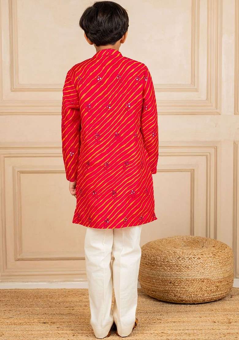 Red Printed Blended Kurta Set For Boys - Indya
