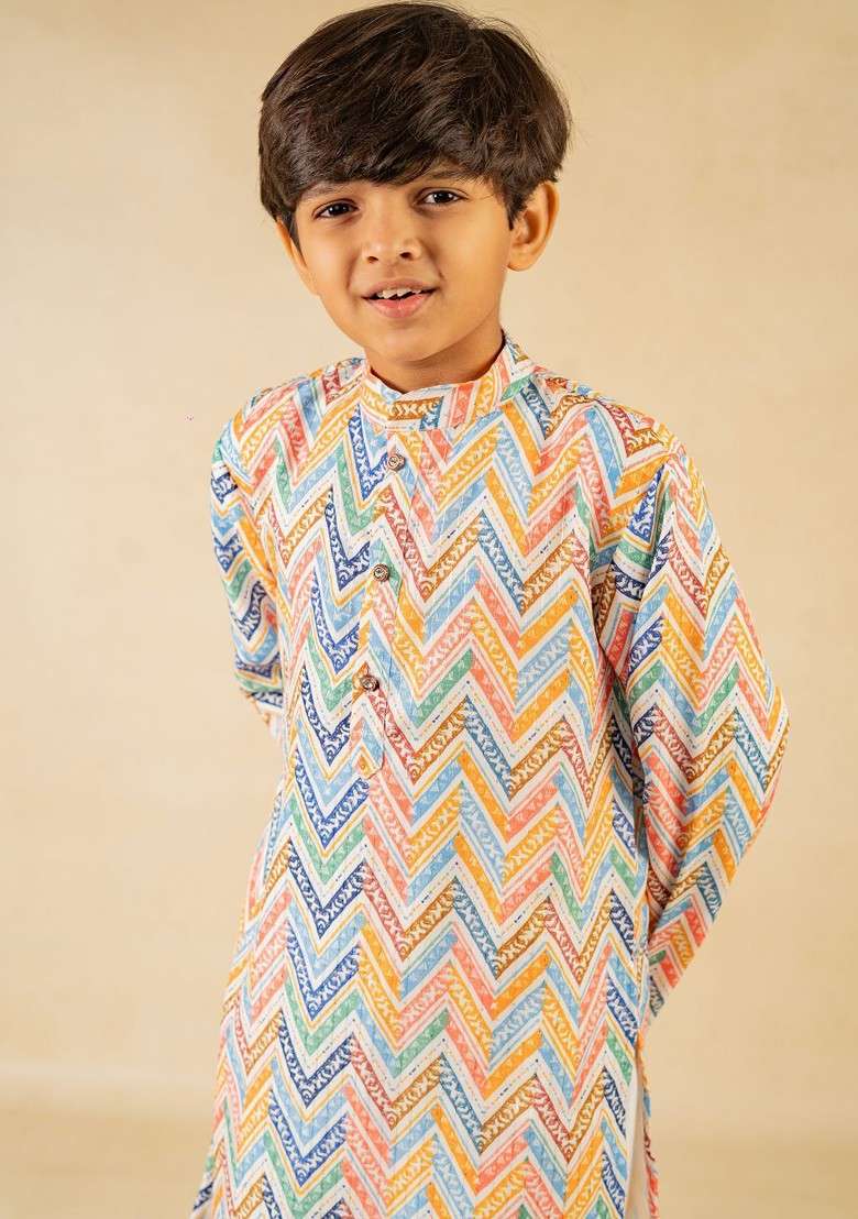 White Printed Blended Kurta Set For Boys - Indya